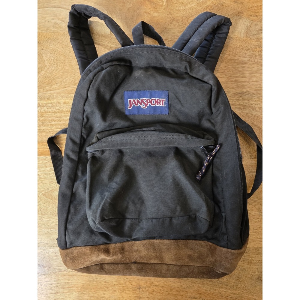Jansport Backpack Black With Brown Leather Vintage 90s Fair Condition